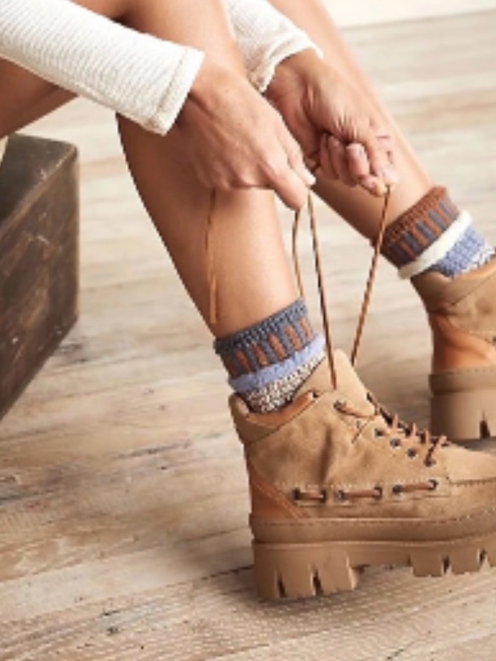 Free People Dawn Hiker Boots Tan Suede Leather Trim Lug Sole Lace Up